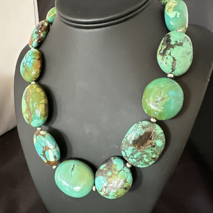 Blue Green Turquoise Nugget Chunky Navajo Sterling Silver Necklace 20” 19250