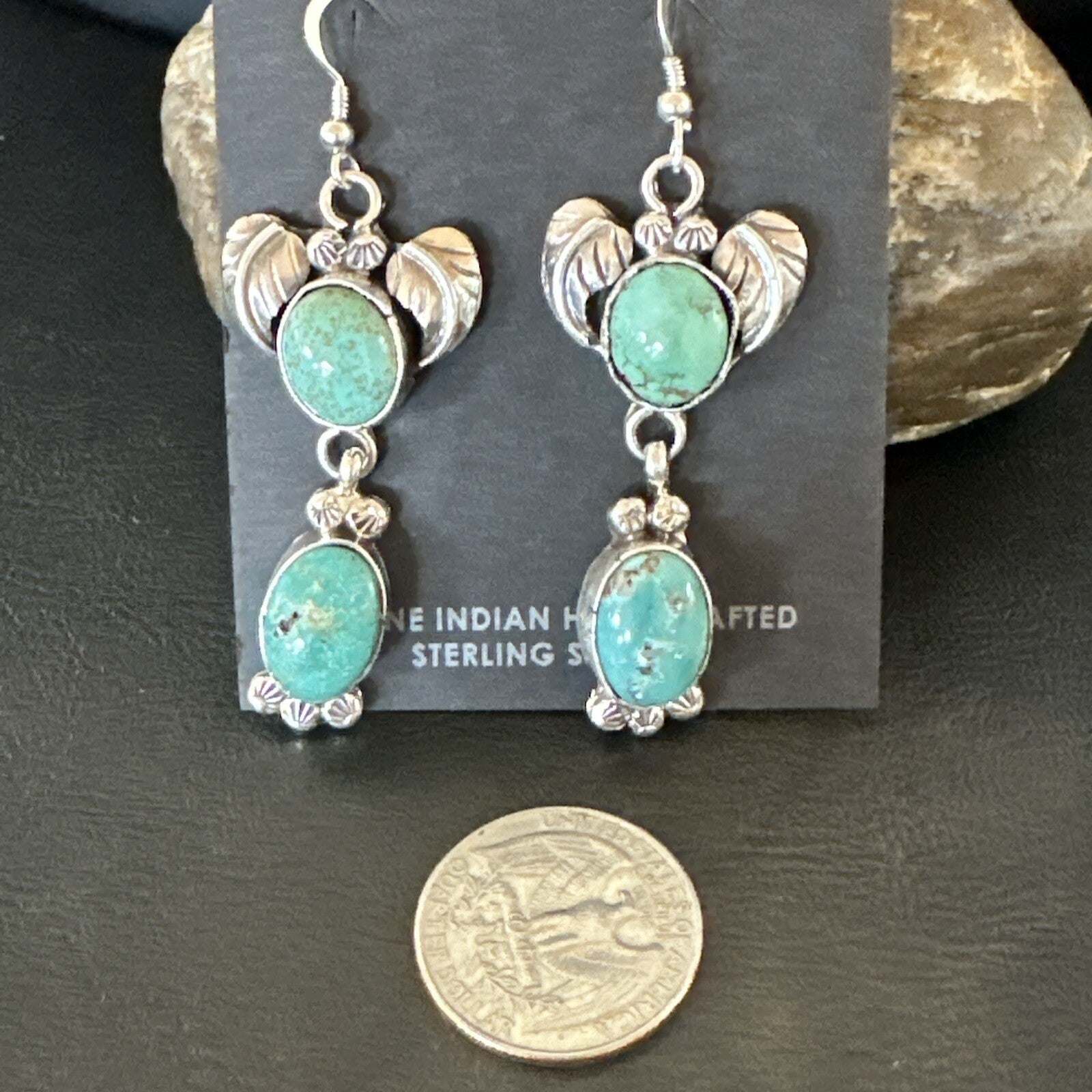 Navajo Green Turquoise Sterling Silver Dangle Earrings 2” 18044