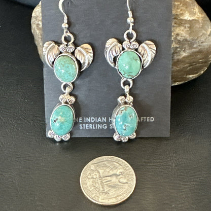 Navajo Green Turquoise Sterling Silver Dangle Earrings 2” 18044