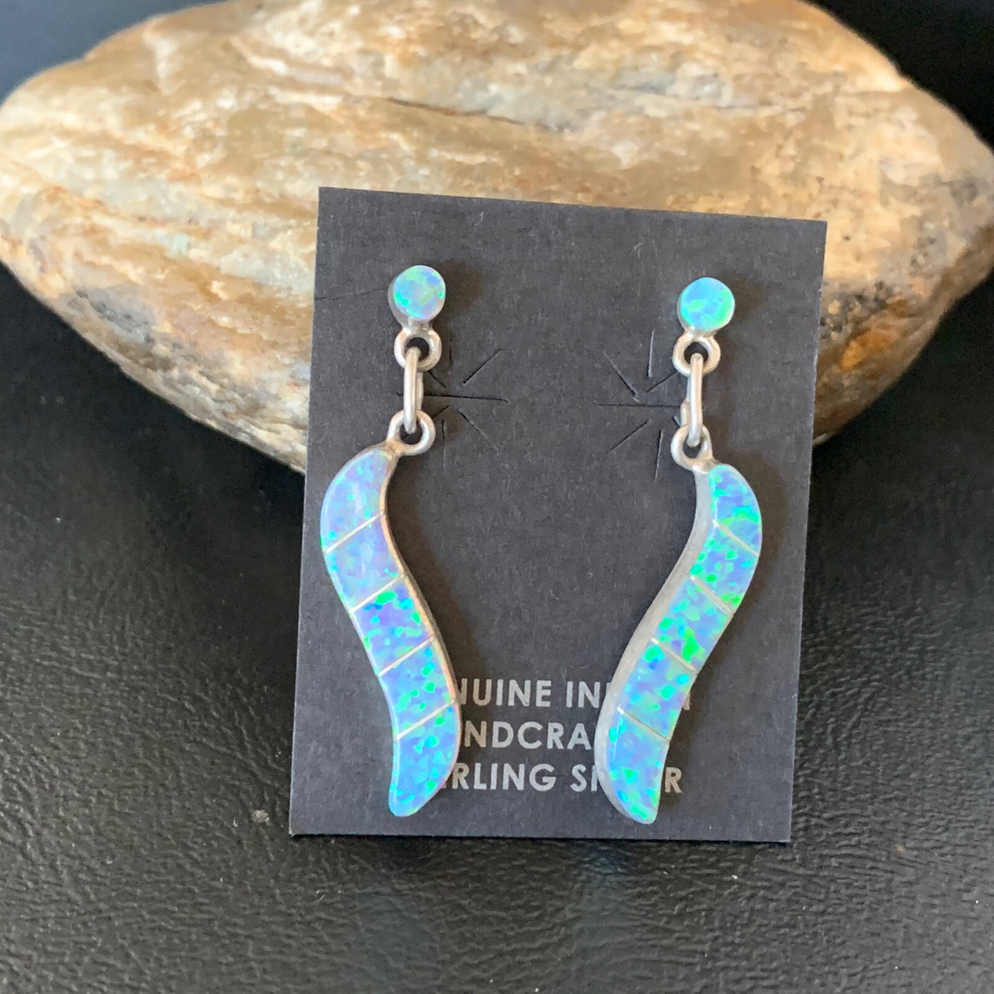 Womens Blue Opal Inlay Navajo Sterling Silver Dangle Post Earrings 12774