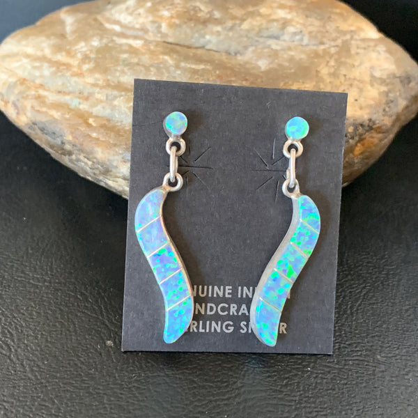 Women's Blue Opal Inlay Navajo Dangle Post Earrings | Sterling Silver | Authentic Native American Handmade | 12774