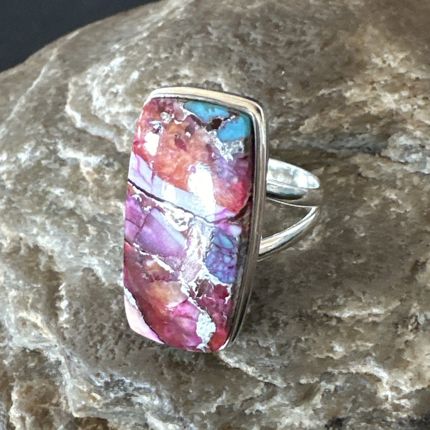 Blue Turquoise Spiny Oyster Southwestern Sterling Silver Ring Size 7 18490