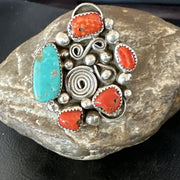 Navajo Blue Turquoise Coral Ring Multi-Stone Cluster Sz 9.5 19778