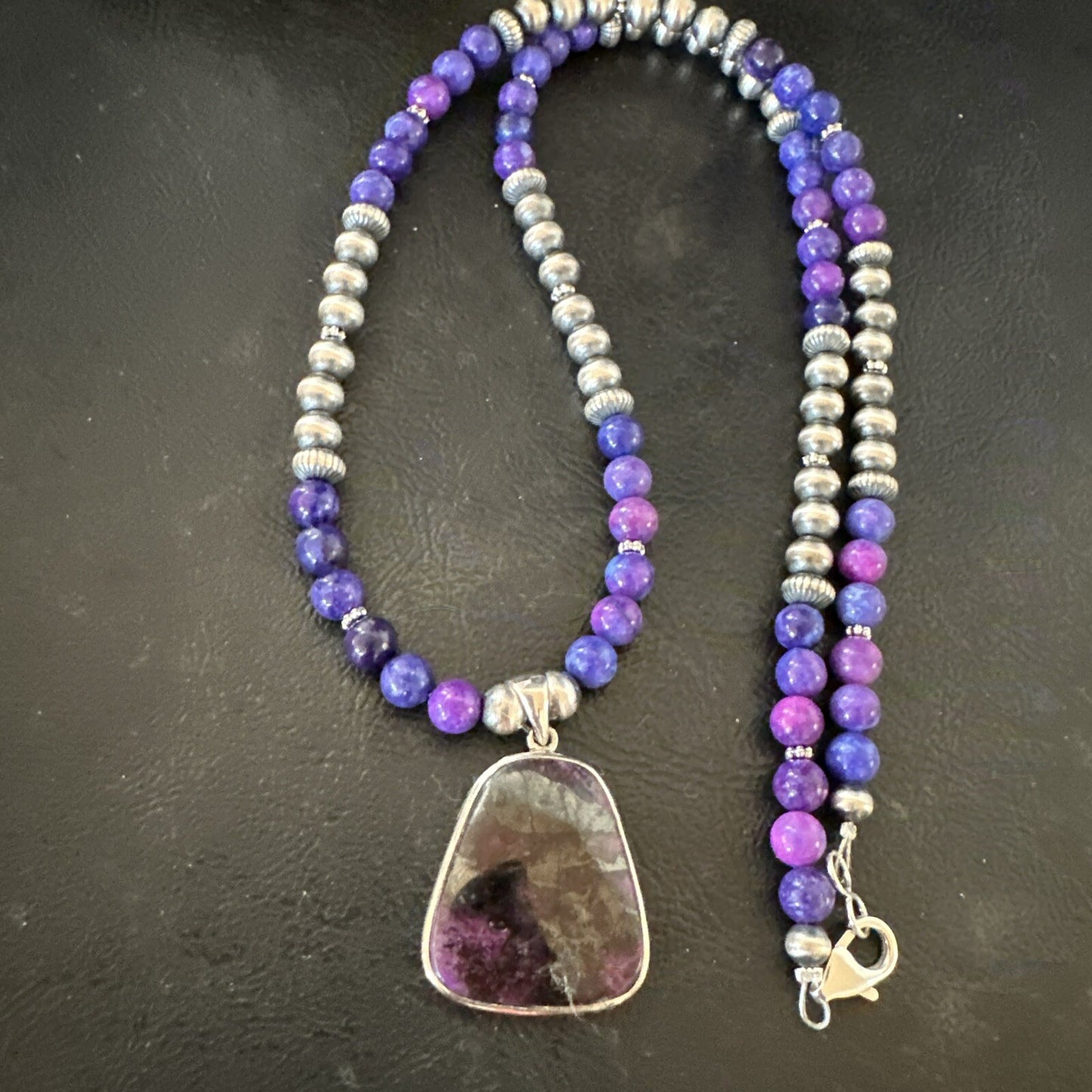 Purple Stone Pendant Navajo Pearls Sterling Silver Necklace 23" 17890