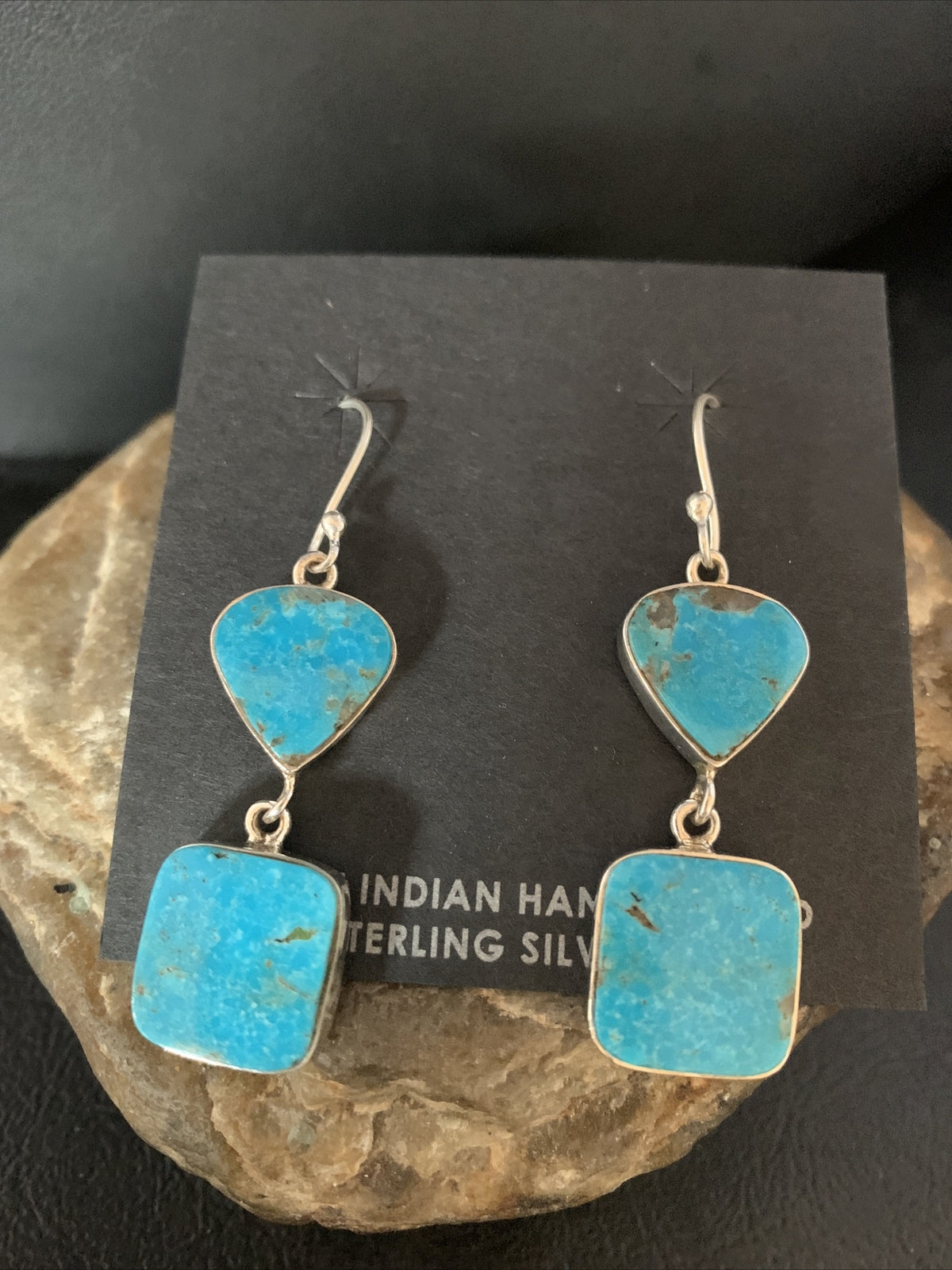 Blue Kingman Turquoise Navajo Sterling Silver Dangle Earrings 14074