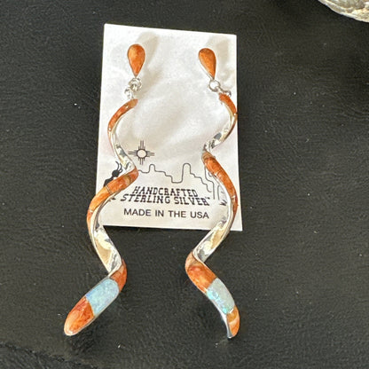 Orange Spiny Oyster Opal Sterling Silver Swirl Dangle Earrings 3" 19134