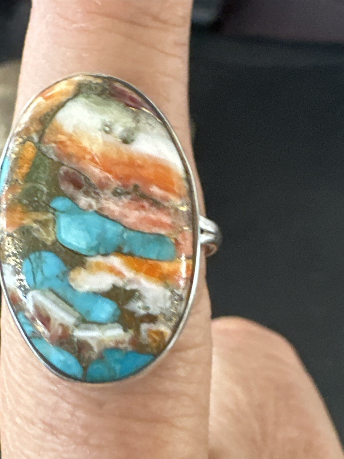 Blue Turquoise Orange Spiny Oyster Navajo Sterling Silver Ring Size 10 18208