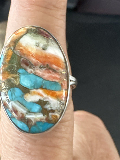 Blue Turquoise Orange Spiny Oyster Navajo Sterling Silver Ring Size 10 18208