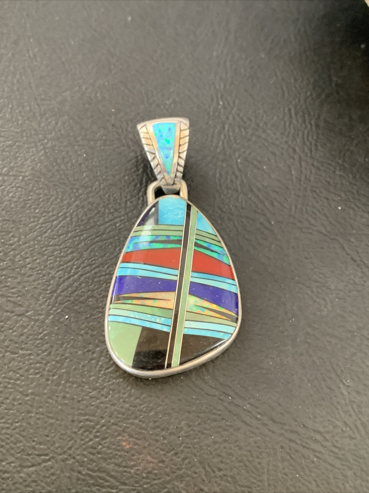Womens Turquoise Coral & Opal Navajo Sterling Silver Inlay Pendant 12494