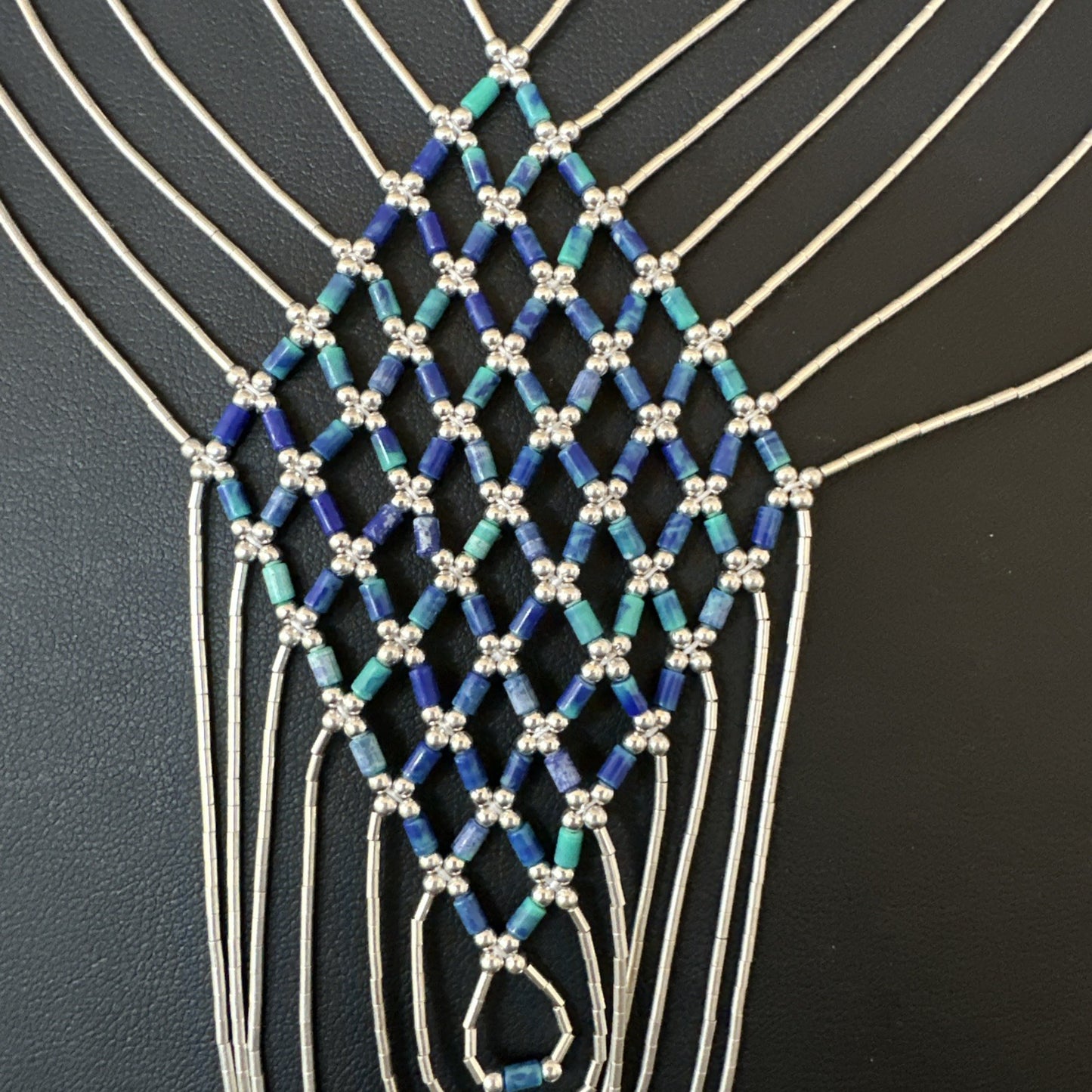 Azurite Heishi Tubes Pendant 7 Strand Liquid Sterling Silver Necklace 19751