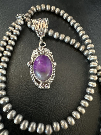 Purple Stone Pendant Sterling Silver Beads Necklace 20” 18048