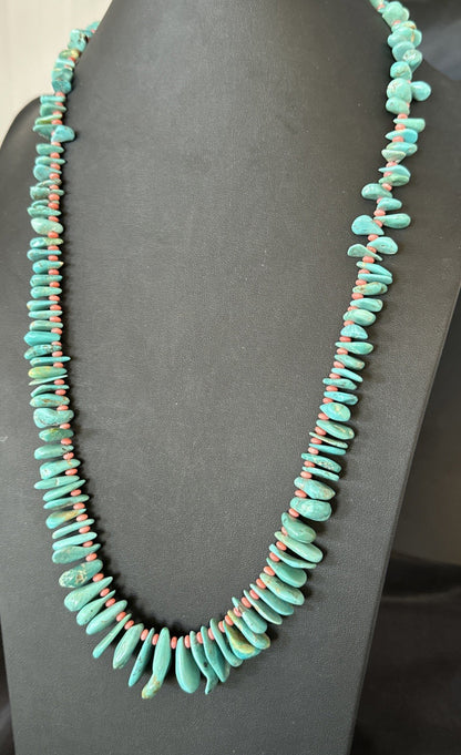 Mens Women Navajo Blue Turquoise Pink Coral Necklace Sterling Silver 28” 19746