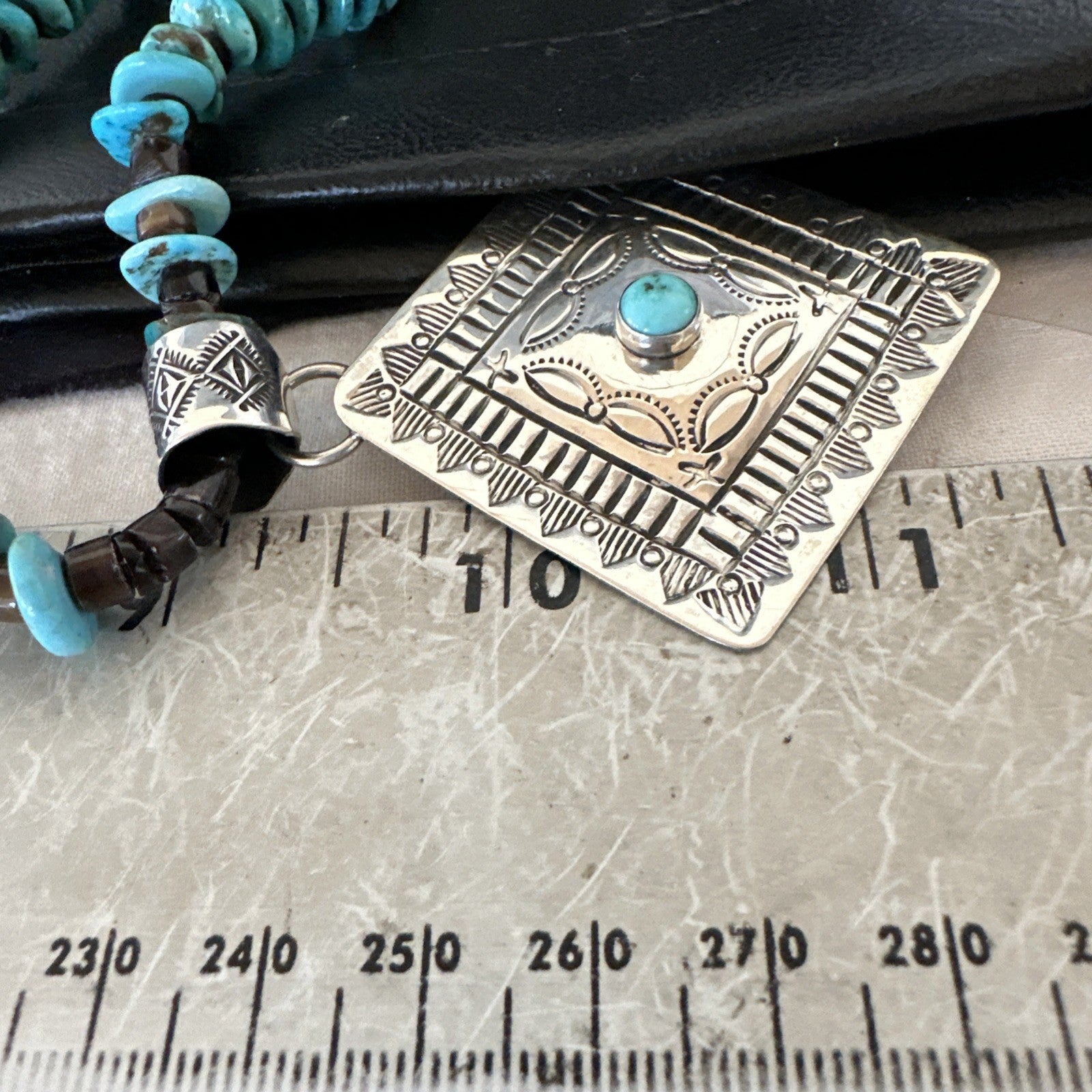 Navajo Blue Turquoise Stamped Pendant Shell Sterling Silver 28” Necklace 19705