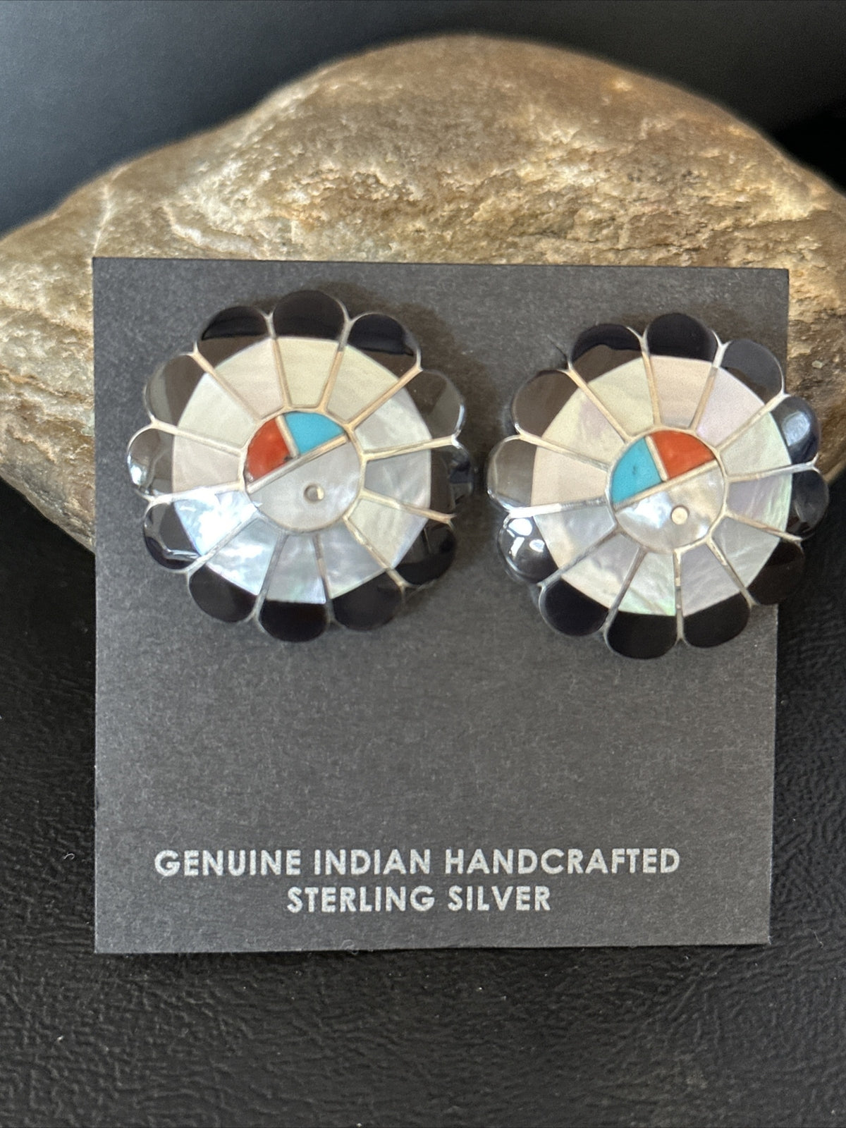Coral Turquoise Onyx Abalone Zuni Sterling Silver Sunface Inlay Earrings 14769