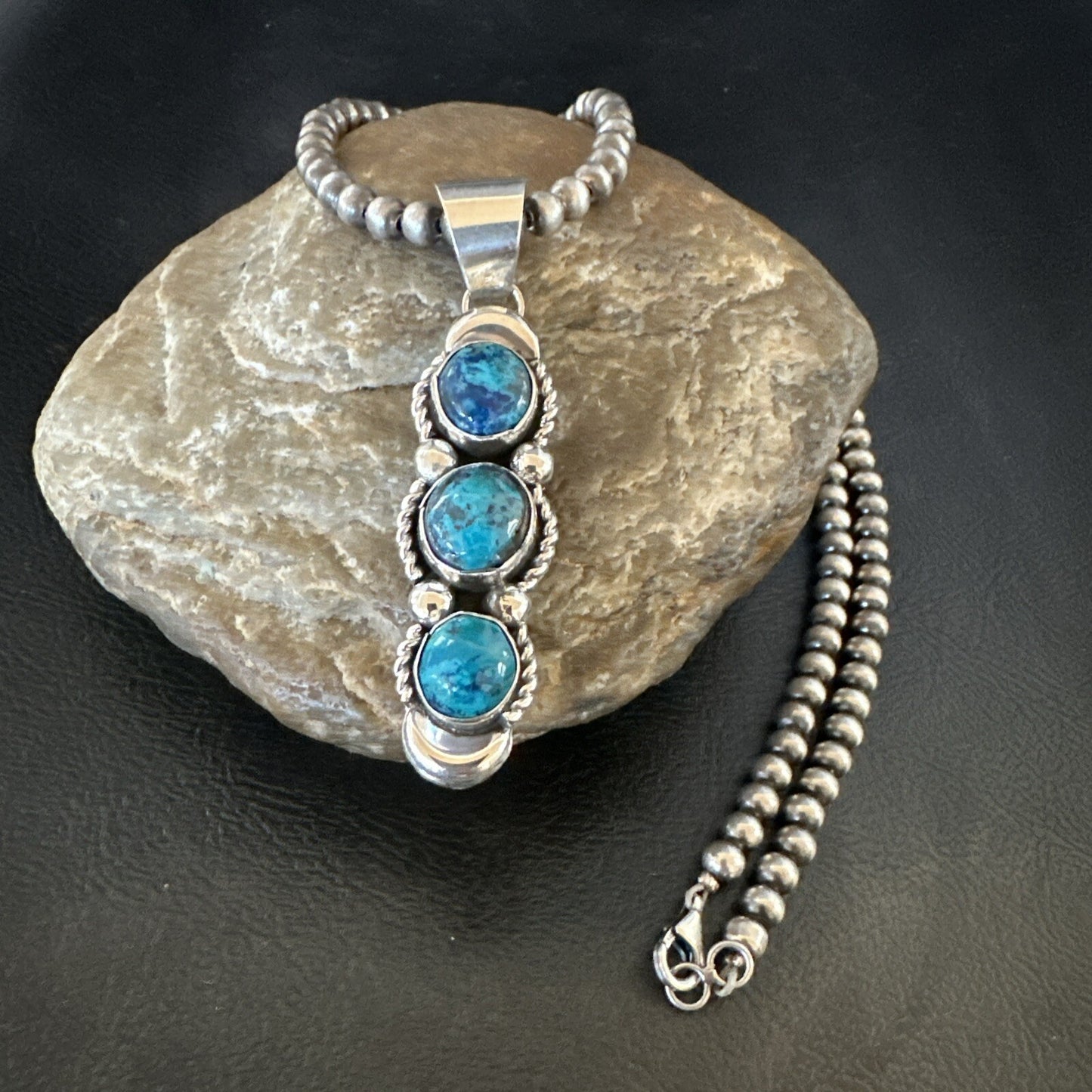Blue Turquoise 3 Stone Navajo Sterling Silver Cluster Pendant 18193