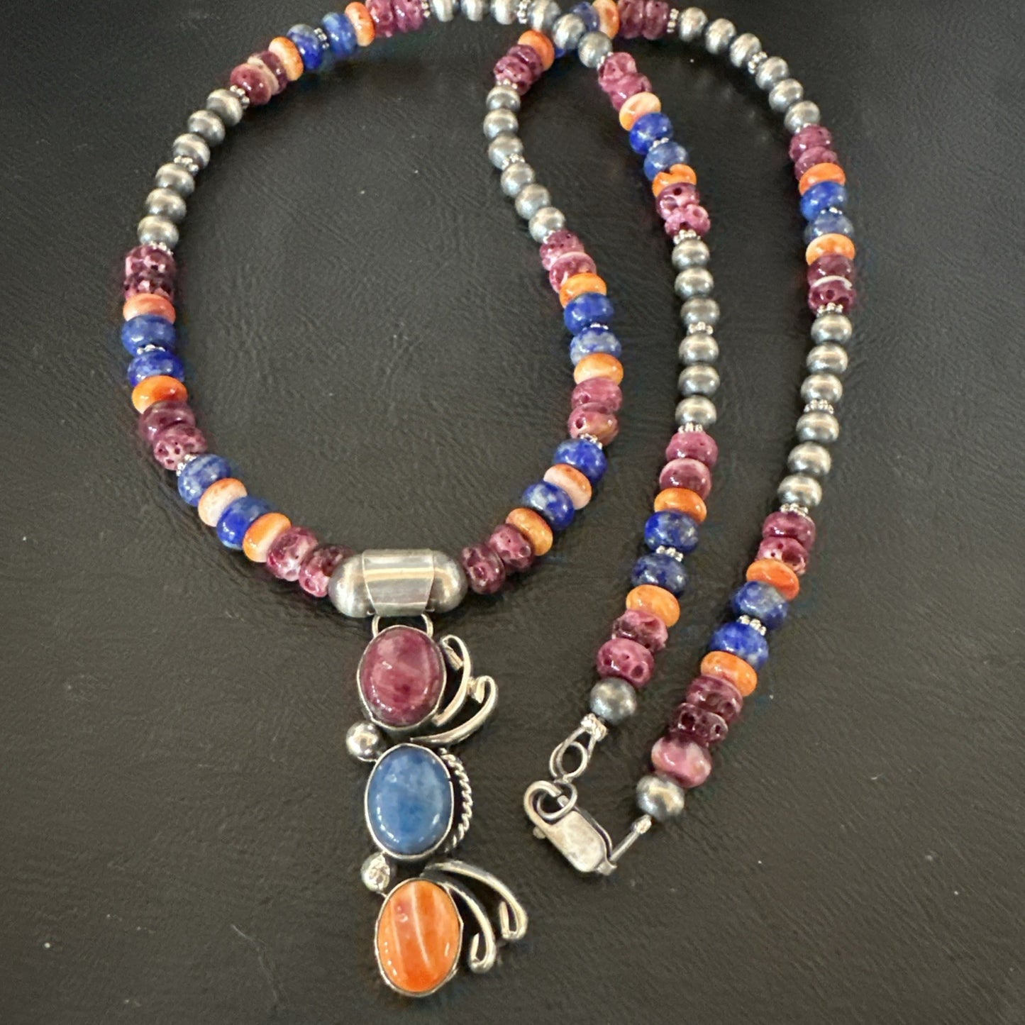 Multicolor Turquoise Spiny Navajo Sterling Silver Cluster Pendant Necklace 19639