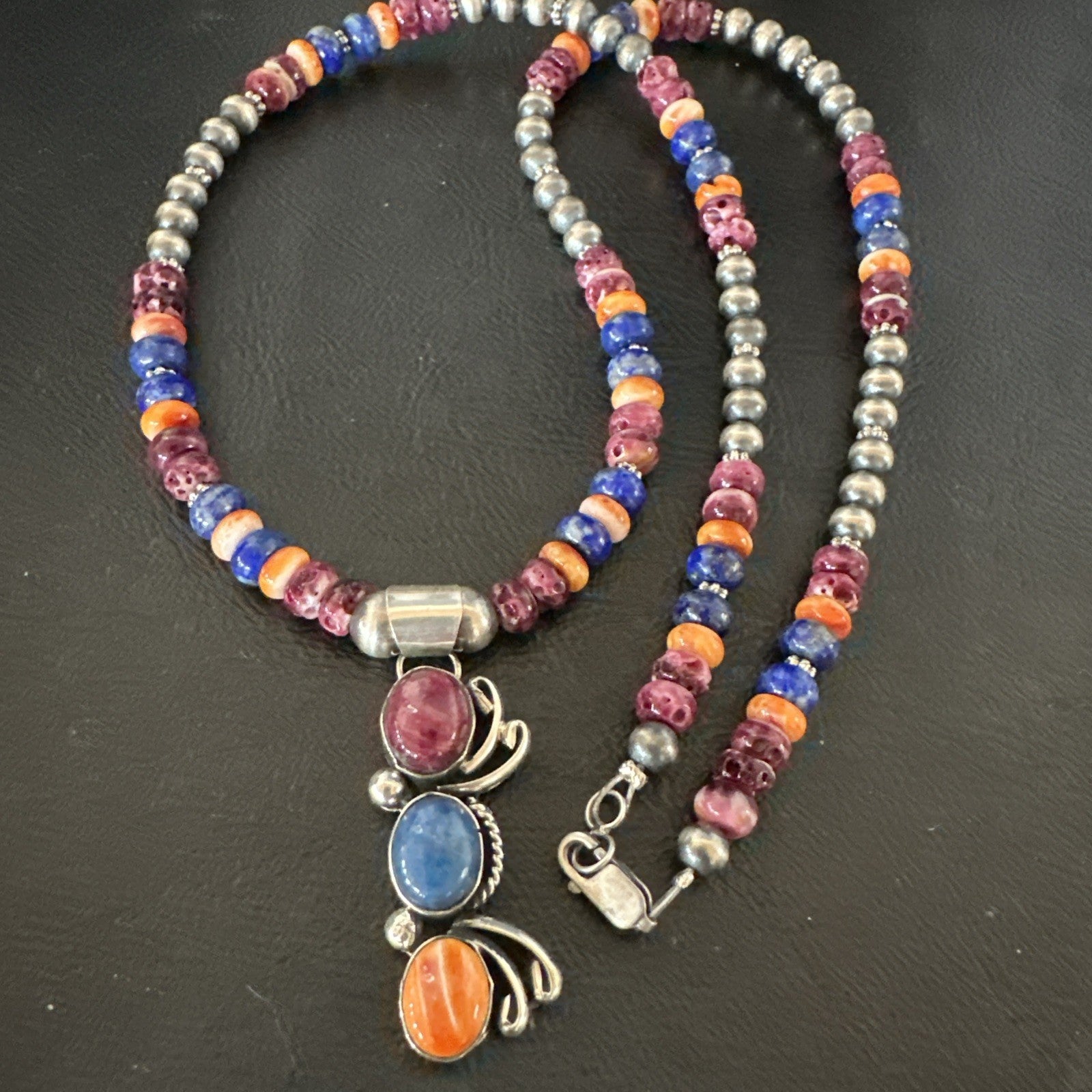 Multicolor Turquoise Spiny Navajo Sterling Silver Cluster Pendant Necklace 19639