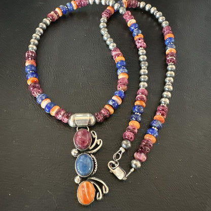 Multicolor Turquoise Spiny Navajo Sterling Silver Cluster Pendant Necklace 19639