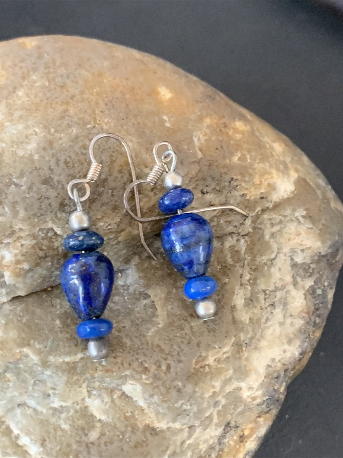 Blue Lapis Lazuli Bead Navajo Sterling Silver Dangle Earrings 1712