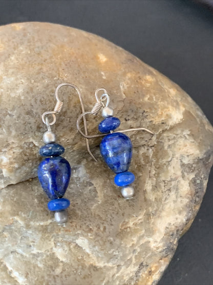 Blue Lapis Lazuli Bead Navajo Sterling Silver Dangle Earrings 1712