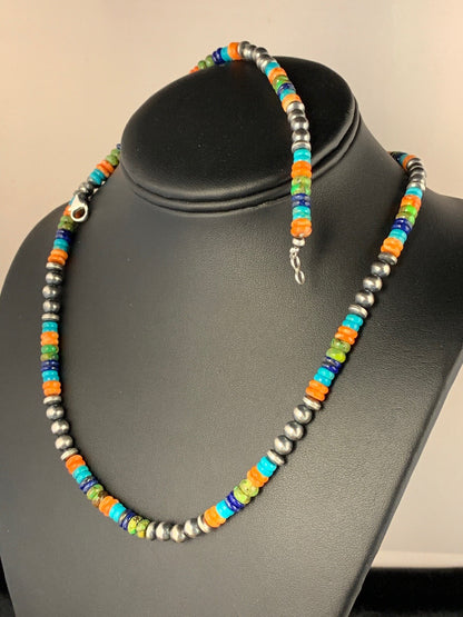 Native Sterling Silver Multi-Stone Turquoise Lapis Necklace Bracelet Set