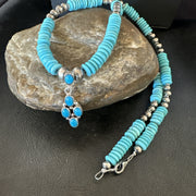 Blue Turquoise Cluster Pendant Navajo Necklace 20" | Sterling Silver | Authentic Native American Handmade | 19713