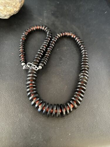Navajo Bamboo Coral Black Onyx Necklace Sterling Silver 20" 14431
