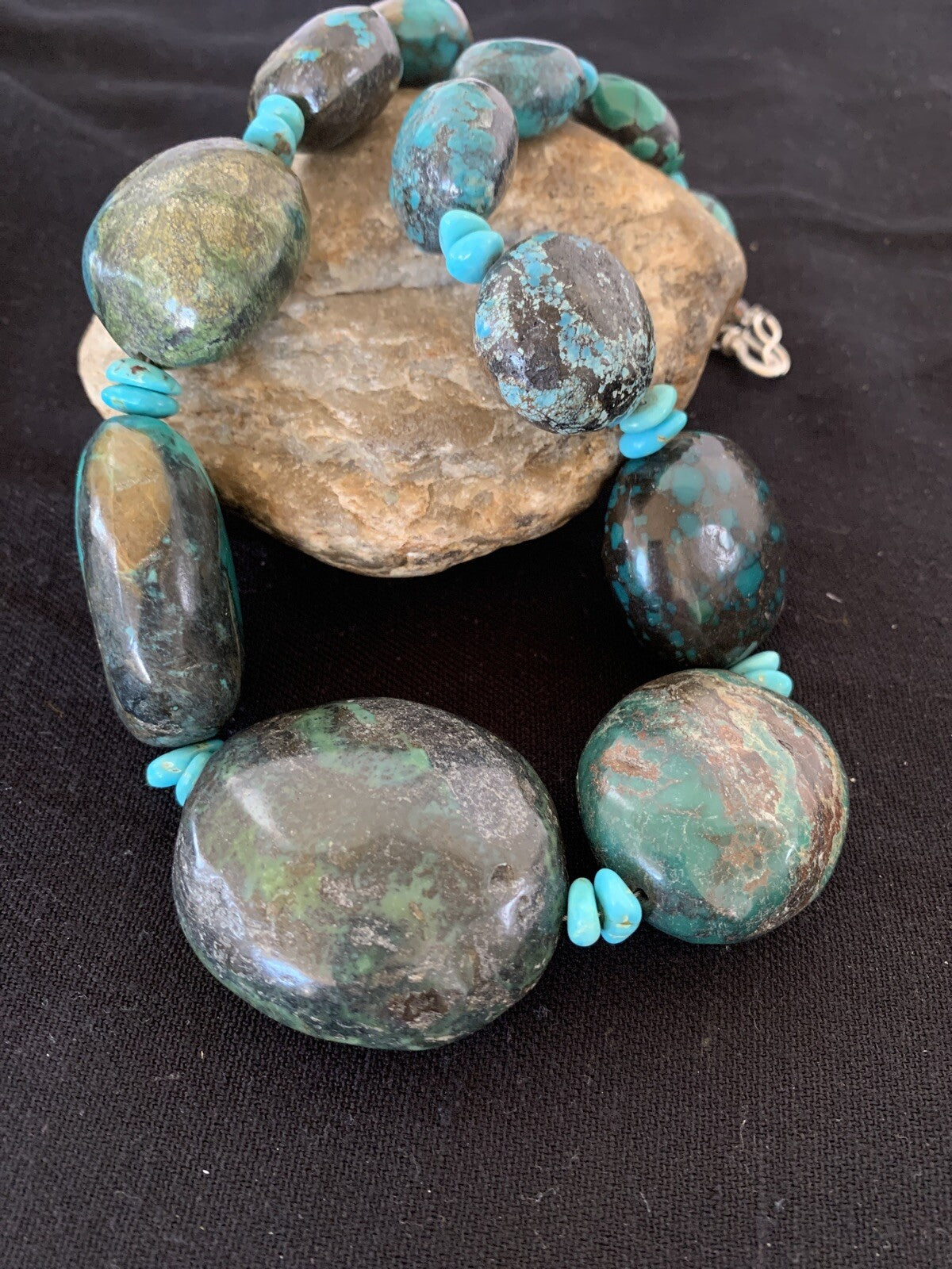 Natural Blue Nugget Turquoise Graduated Navajo Sterling Silver Necklace 00627