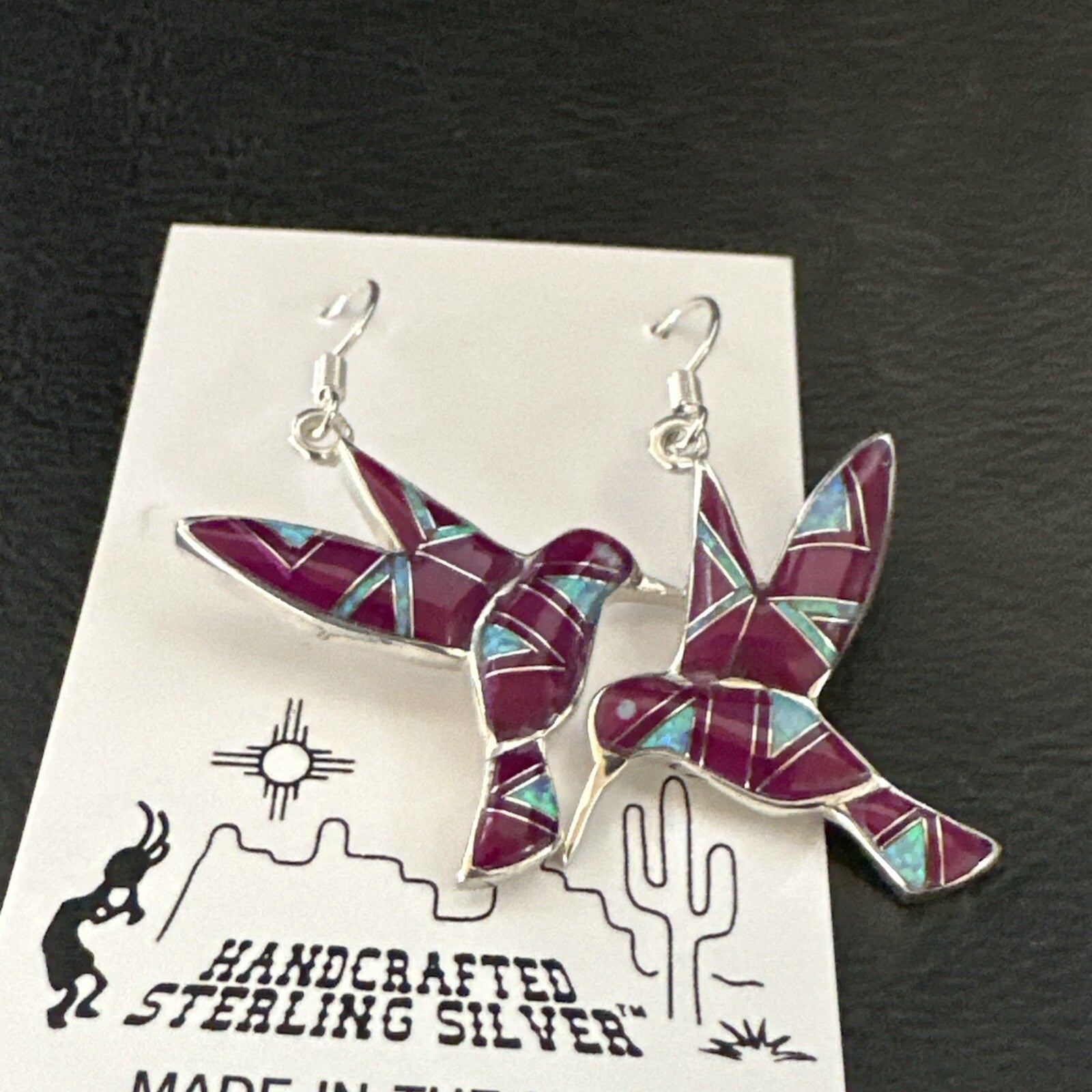 Purple Sugilite Opal Sterling Silver Hummingbird Dangle Earrings 18551