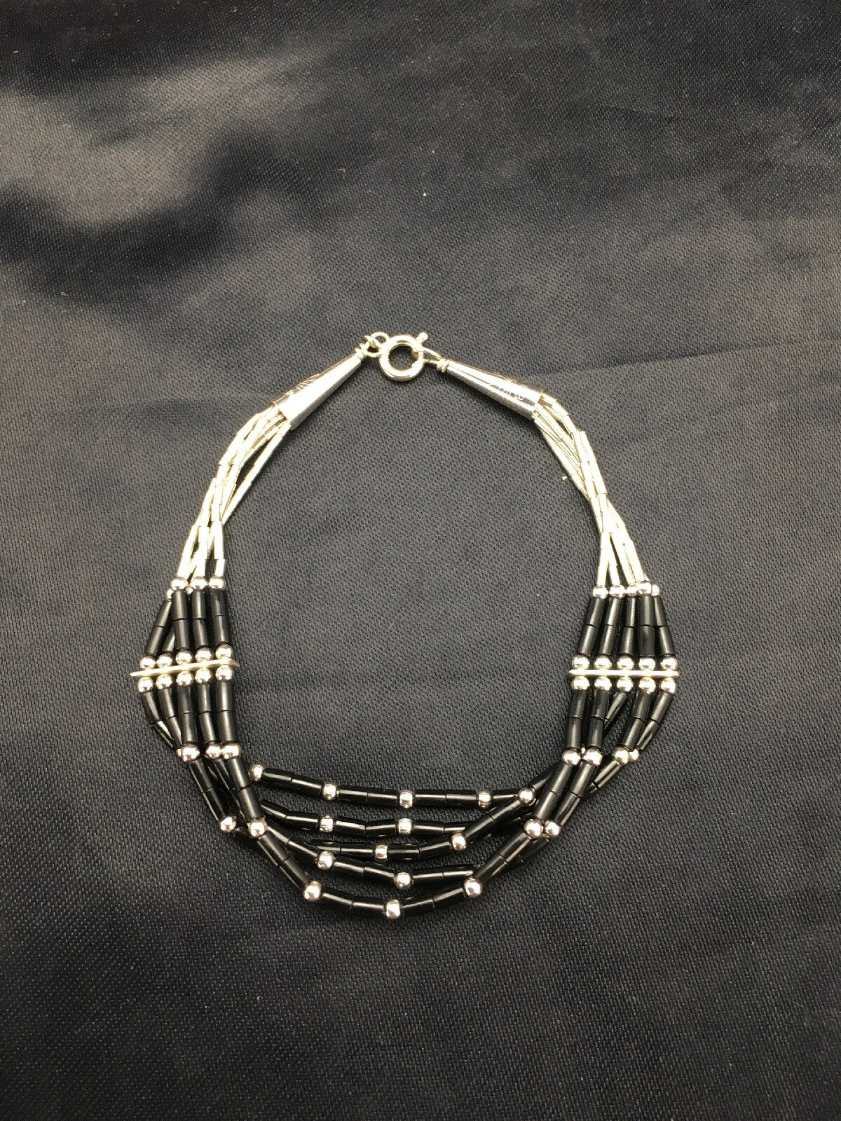 Black Onyx Heishi 5 Strand Southwestern Liquid Sterling Silver Bracelet 7" 02932