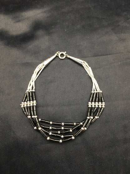 Black Onyx Heishi 5 Strand Southwestern Liquid Sterling Silver Bracelet 7" 02932