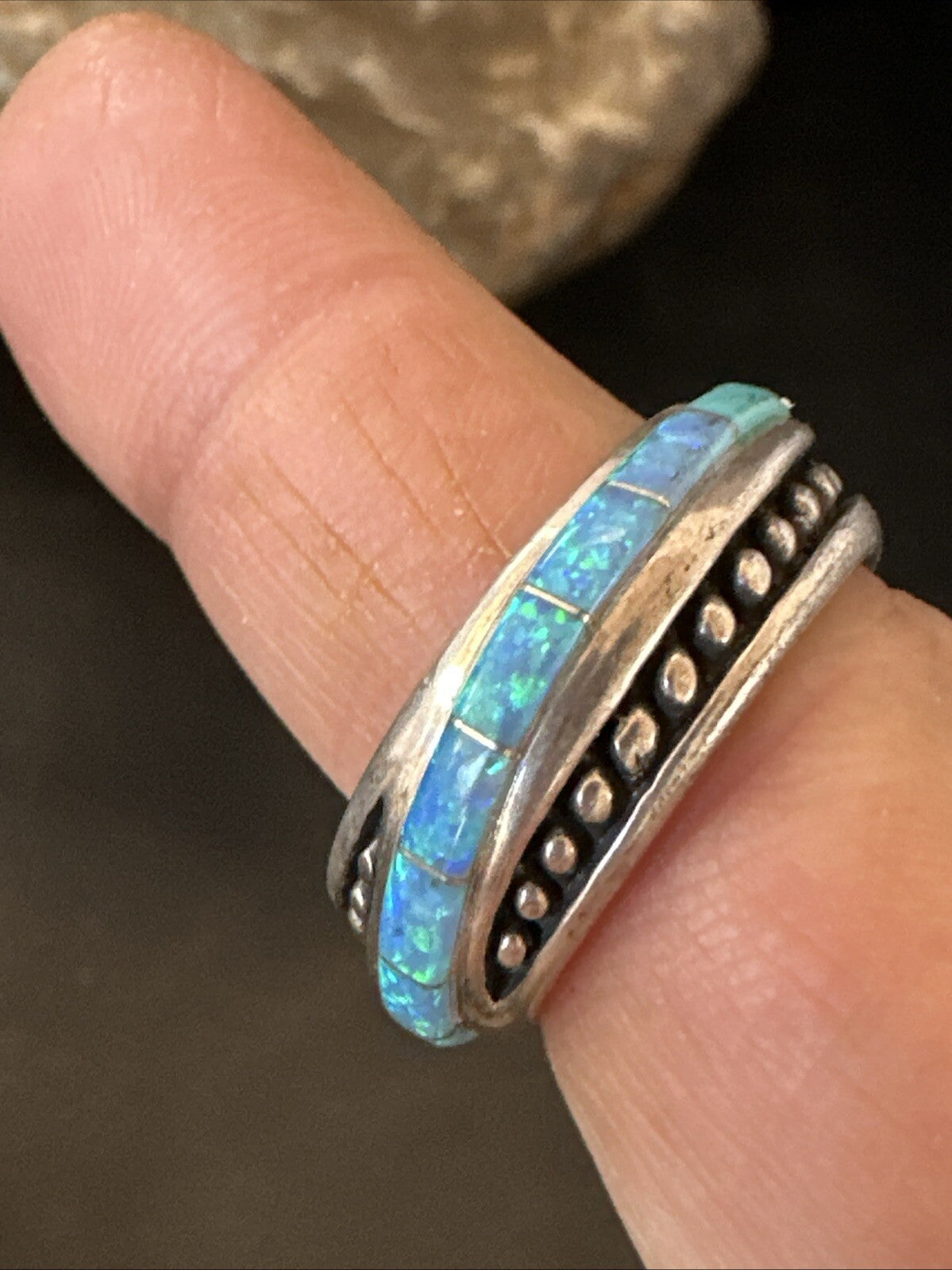 Blue Opal Navajo Sterling Silver Band Inlay Ring Size 7 18807