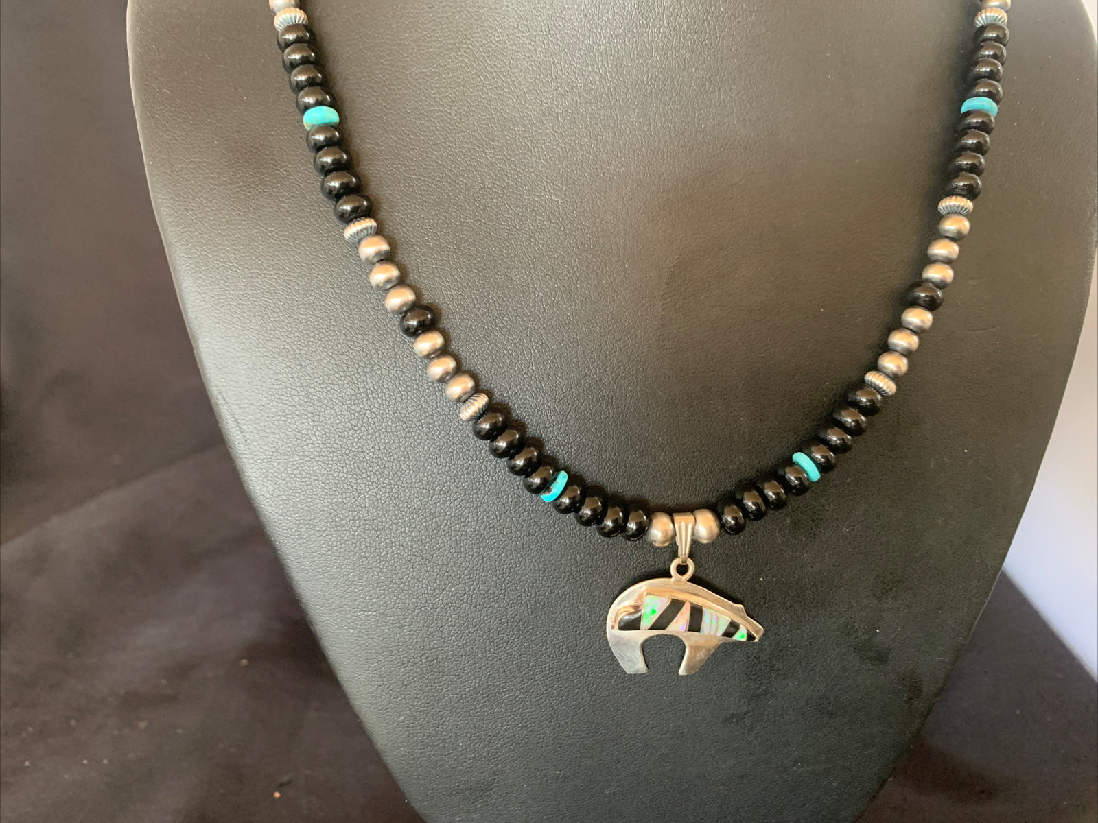 Turquoise Opal Inlay Pendant Black Onyx Navajo Sterling Silver Necklace 12698
