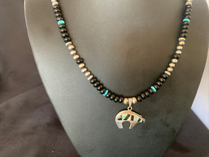 Turquoise Opal Inlay Pendant Black Onyx Navajo Sterling Silver Necklace 12698