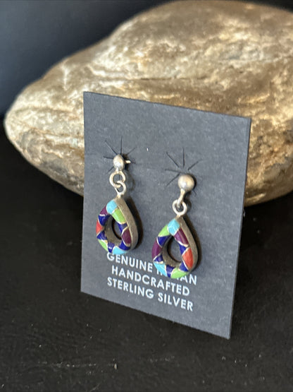 Turquoise Spiny Oyster & Opal Navajo Sterling Silver Inlay Earrings 1” 14411