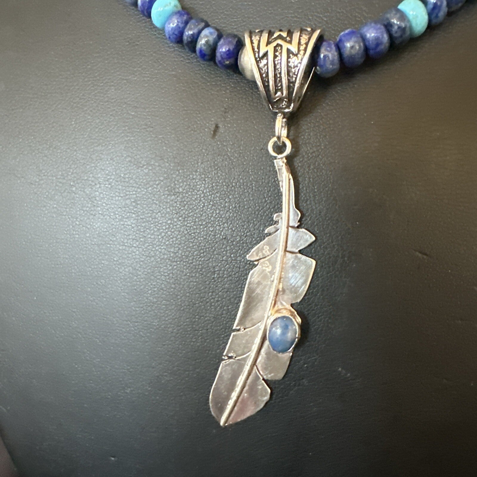 Blue Turquoise Lapis Feather Pendant Navajo Sterling Silver Necklace 21” 17790