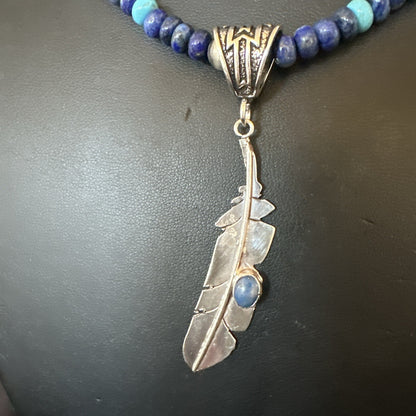 Blue Turquoise Lapis Feather Pendant Navajo Sterling Silver Necklace 21” 17790