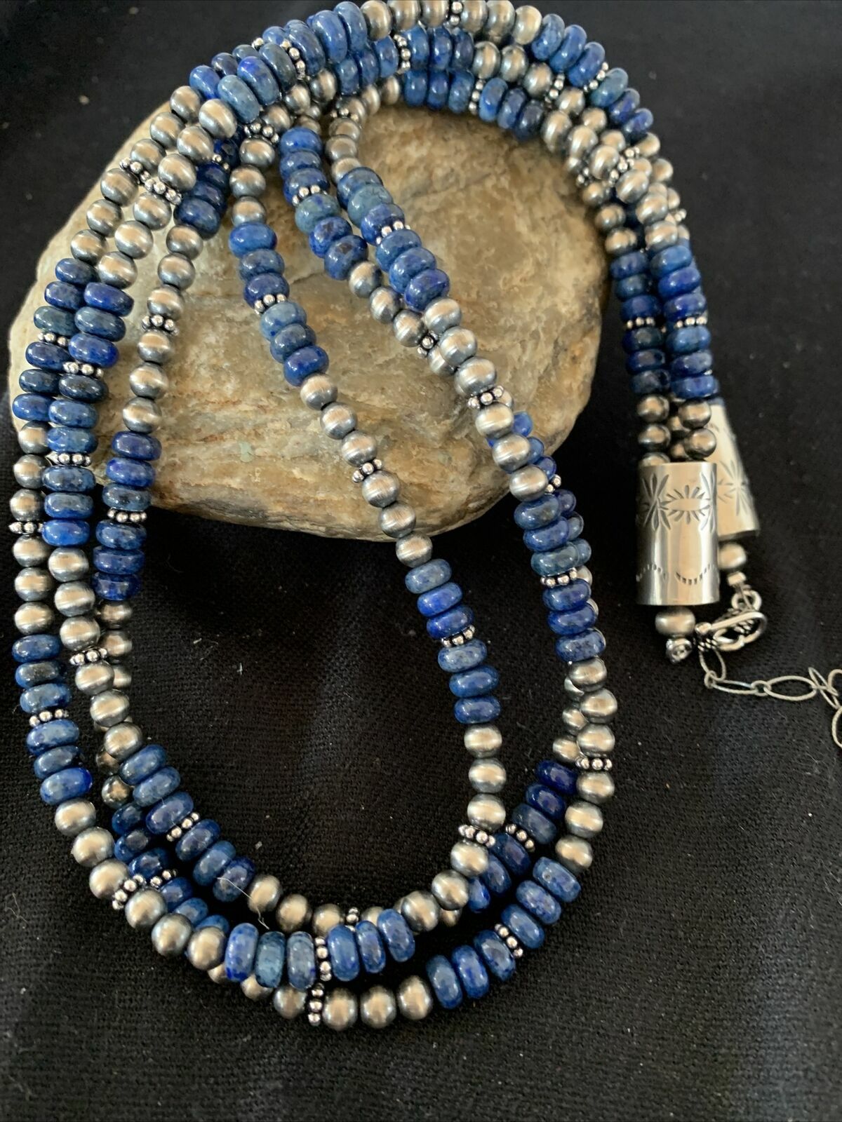 Native Navajo Pearls Denim Lapis 3 Strand Sterling Silver 21” Necklace 00929