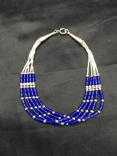 Navajo Lapis Heishi Bracelet Sterling Liquid Silver 5-Strand 7" 2934