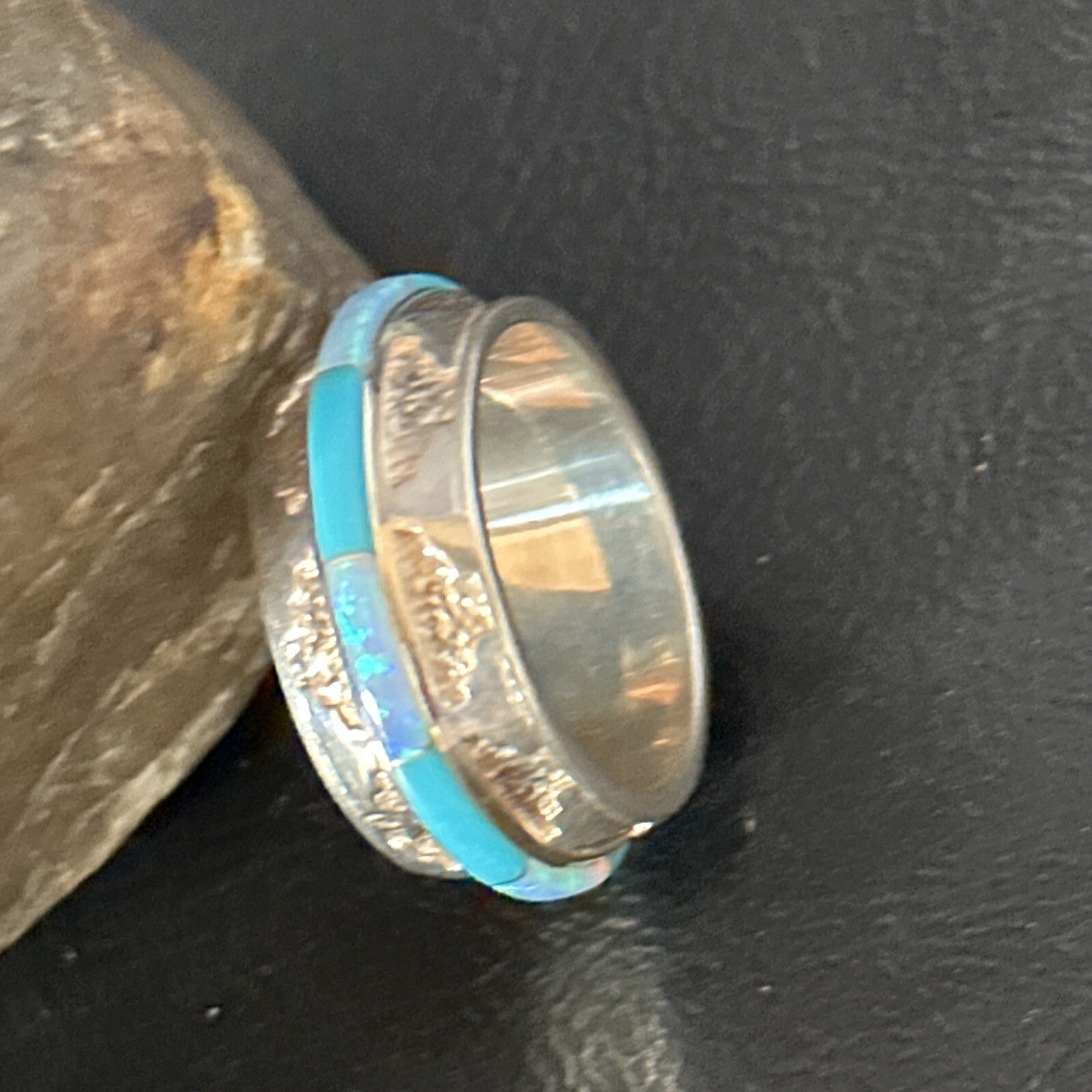 Turquoise & Opal Inlay Navajo Sterling Silver Eternity Band Ring Size 8 14542