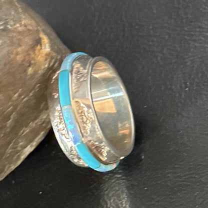 Turquoise & Opal Inlay Navajo Sterling Silver Eternity Band Ring Size 8 14542