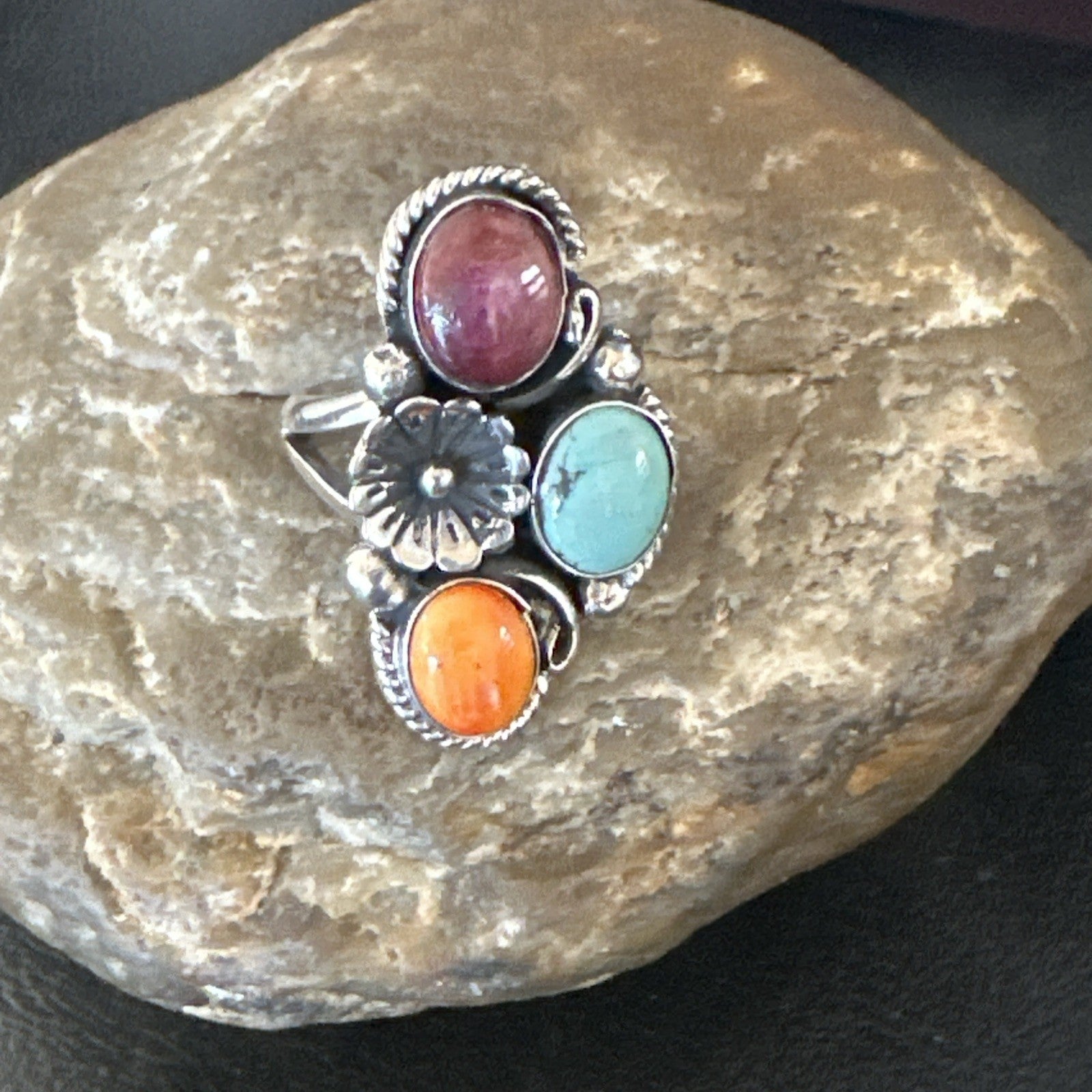Multicolor Ring Turquoise Spiny Navajo Sterling Silver Cluster Size 8.5 19167