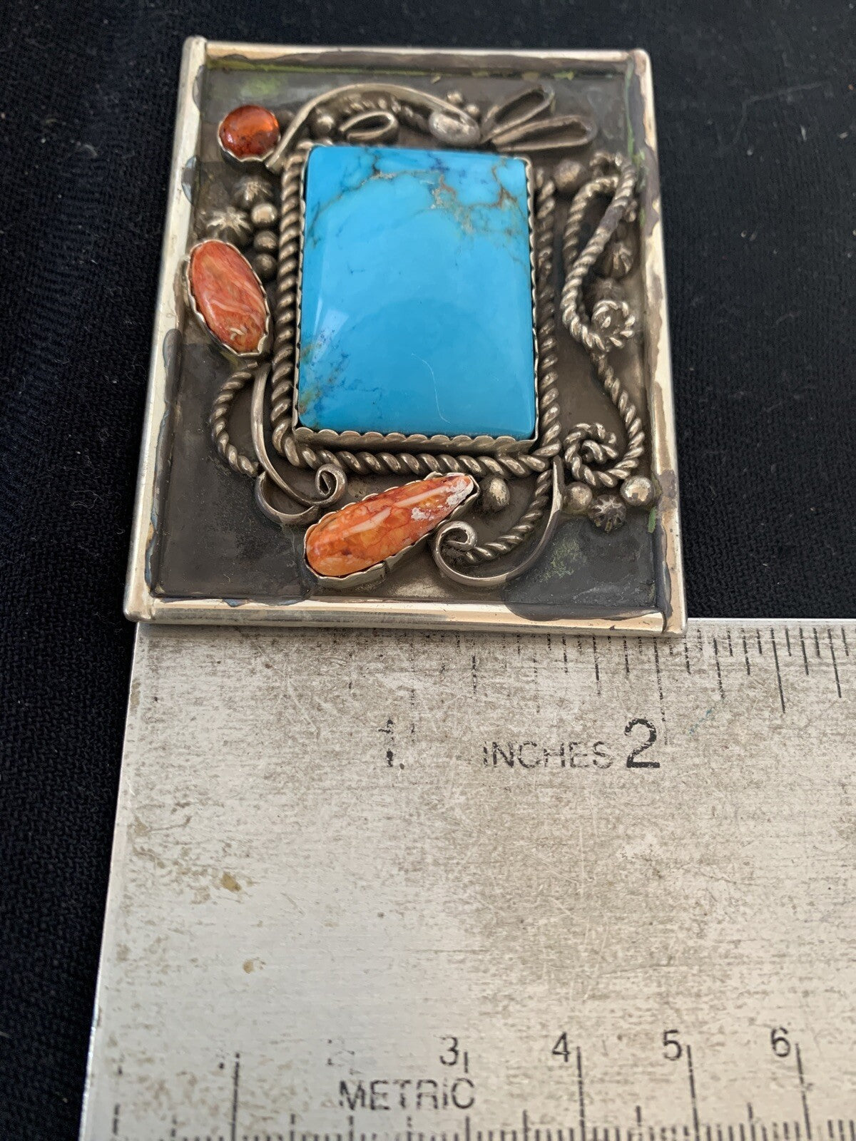 Blue Turquoise Spiny Oyster Navajo Sterling Silver Concho Belt Buckle 00717