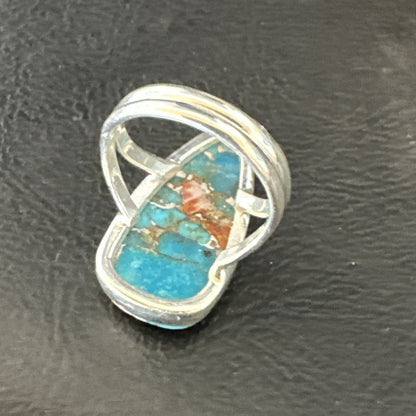 Blue Turquoise Spiny Oyster Southwestern Sterling Silver Ring Size 5 18501