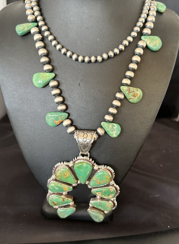 Men's Green Turquoise Naja Pendant Navajo Necklace 28" | Sterling Silver | Authentic Native American Handmade | 17380