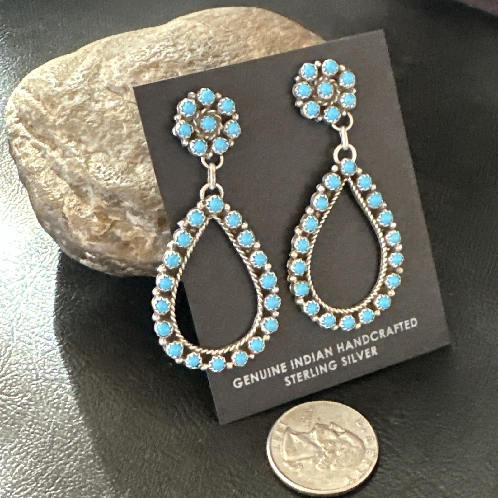 Zuni Petite Point Turquoise Cluster Earrings Sterling Silver Handmade 19772