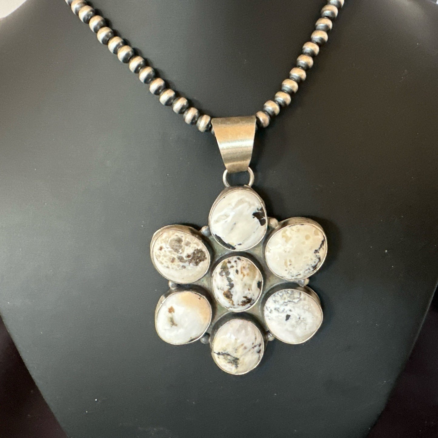 White Buffalo Turquoise Cluster Pendant Navajo Sterling Silver Necklace 19270