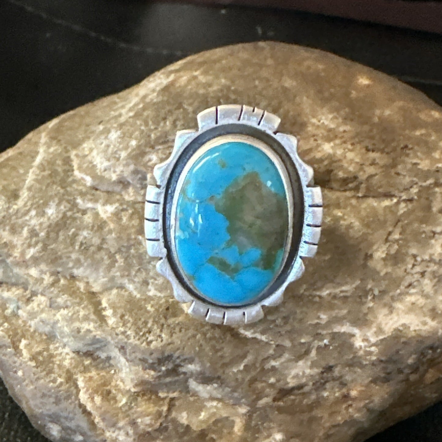 Blue Kingman Turquoise Navajo Sterling Silver Adjustable Ring Size 8 18825