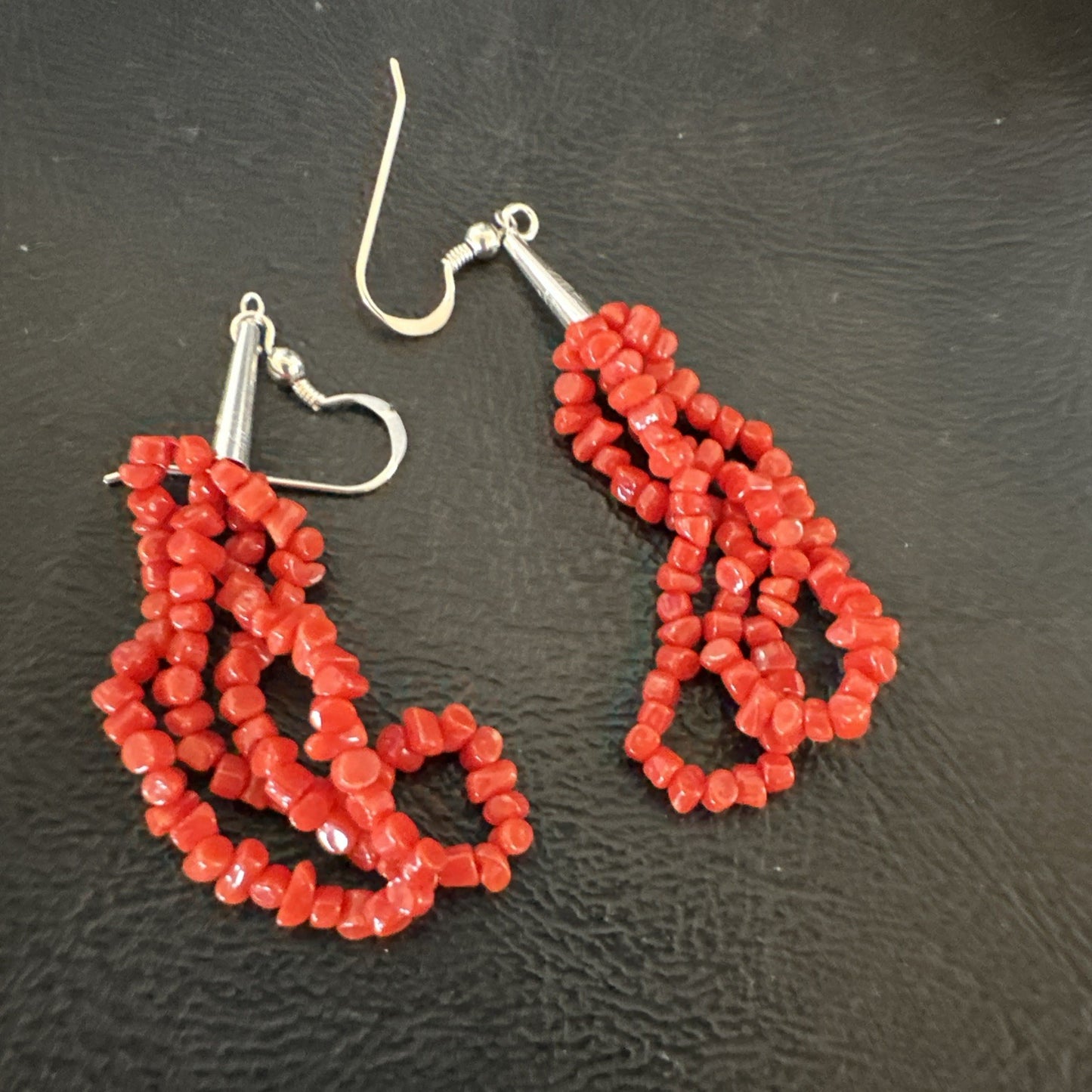 Native Red Real Coral Nugget Sterling Silver Dangle 2 Strand Earrings 2" 19347