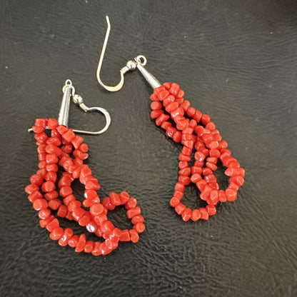 Native Red Real Coral Nugget Sterling Silver Dangle 2 Strand Earrings 2" 19347
